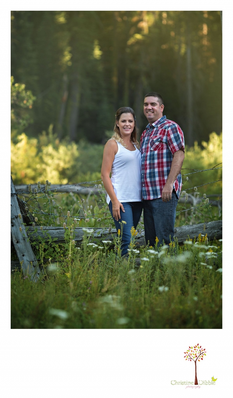An engeged couple stand among a field of wildflowers while Sonora, CA engagement and wedding photographer Christine Dibble Photography takes their photos.