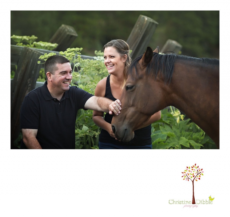 An engeged couple sit and greet a horse who came to see them while Sonora, CA engagement and wedding photographer Christine Dibble Photography takes their photos.