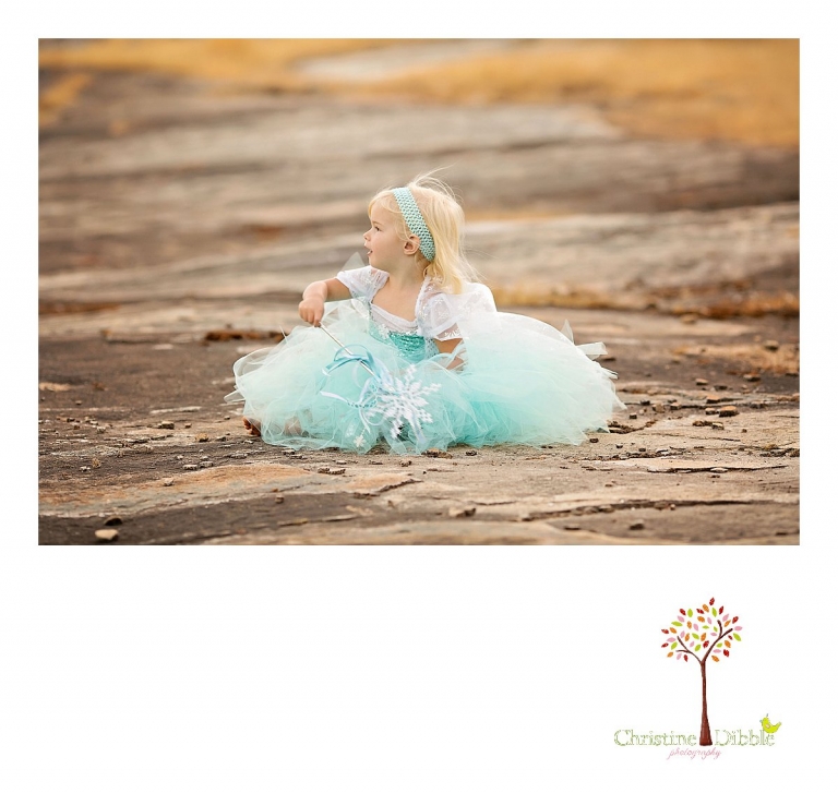 Sonora childrens photographer Christine Dibble Photography takes photos of a little girl in her Elsa dress.