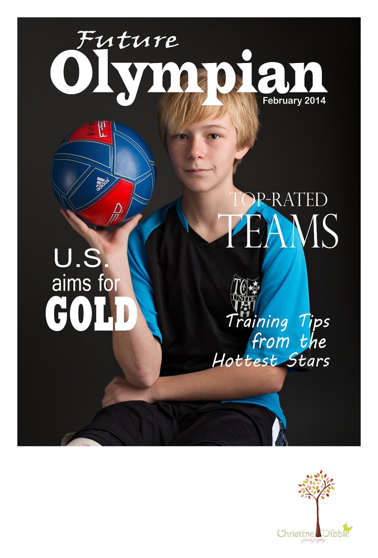 Sonora childrens photographer Christine Dibble Photography takes photos of a girl with soccer uniform and ball to make a magazine cover.