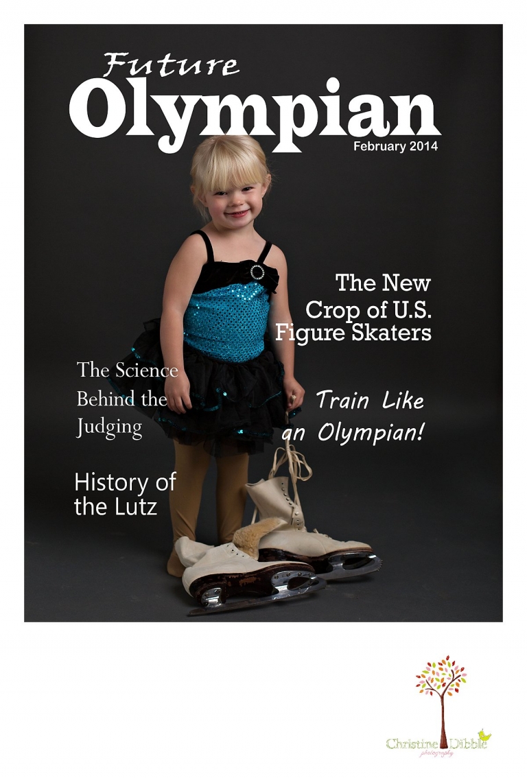 Sonora childrens photographer Christine Dibble Photography takes photos of a little girl with ice skates and a tutu to make a future olympian magazine cover.
