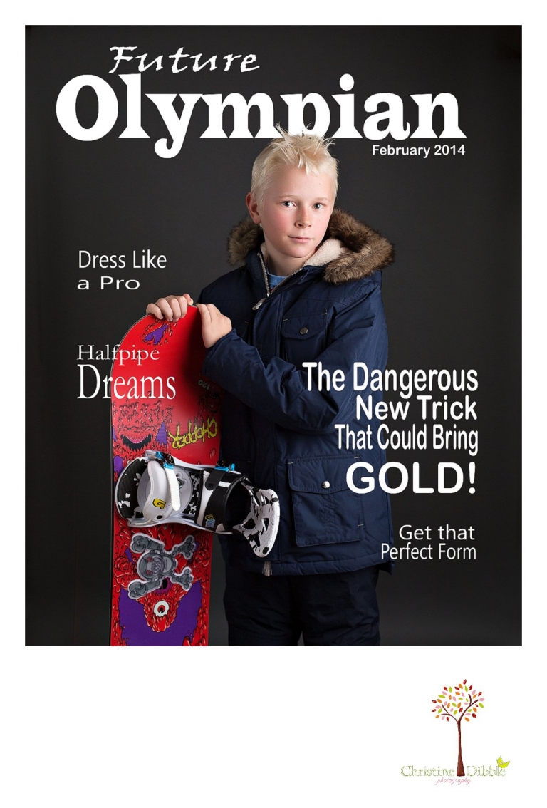Sonora childrens photographer Christine Dibble Photography takes photos of a boy with his snowboards to make a magazine cover.