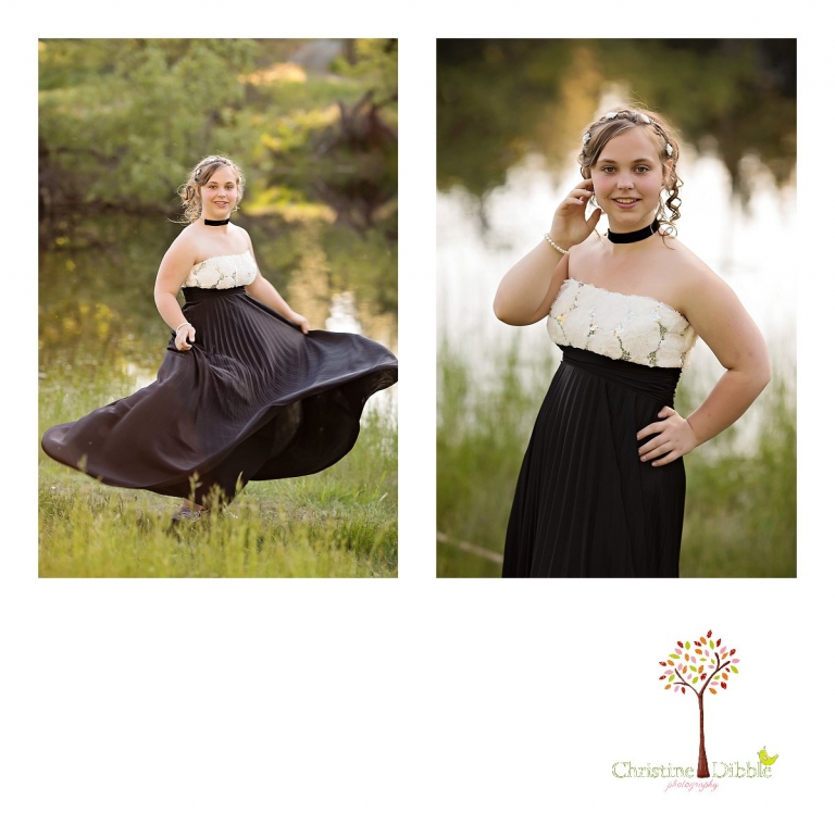Sonora childrens photographer Christine Dibble Photography takes photos of a girl in her eighth grade graduation dress as she twirls near Twain Harte.