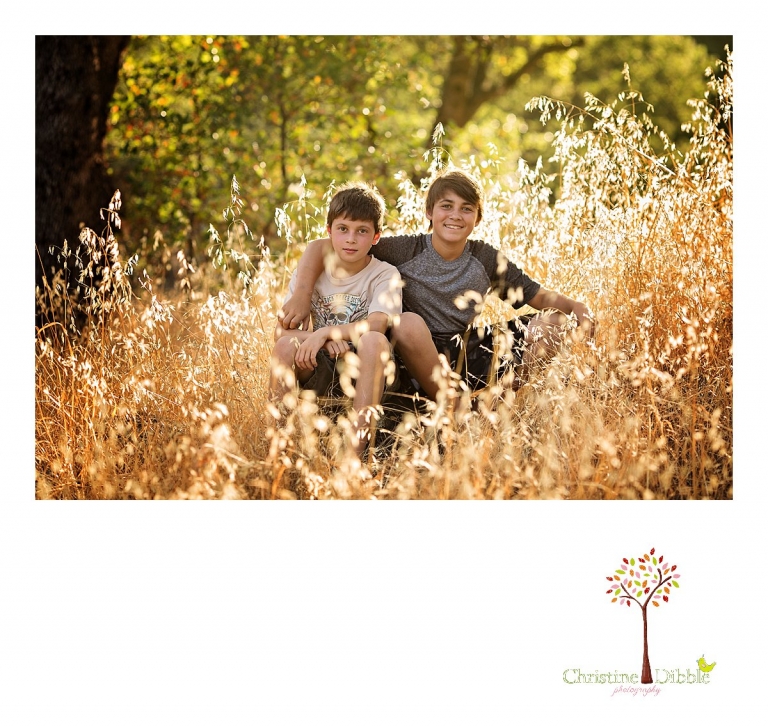 Sonora childrens photographer Christine Dibble Photography takes photos of two brothers in golden sunlight with grass and trees.