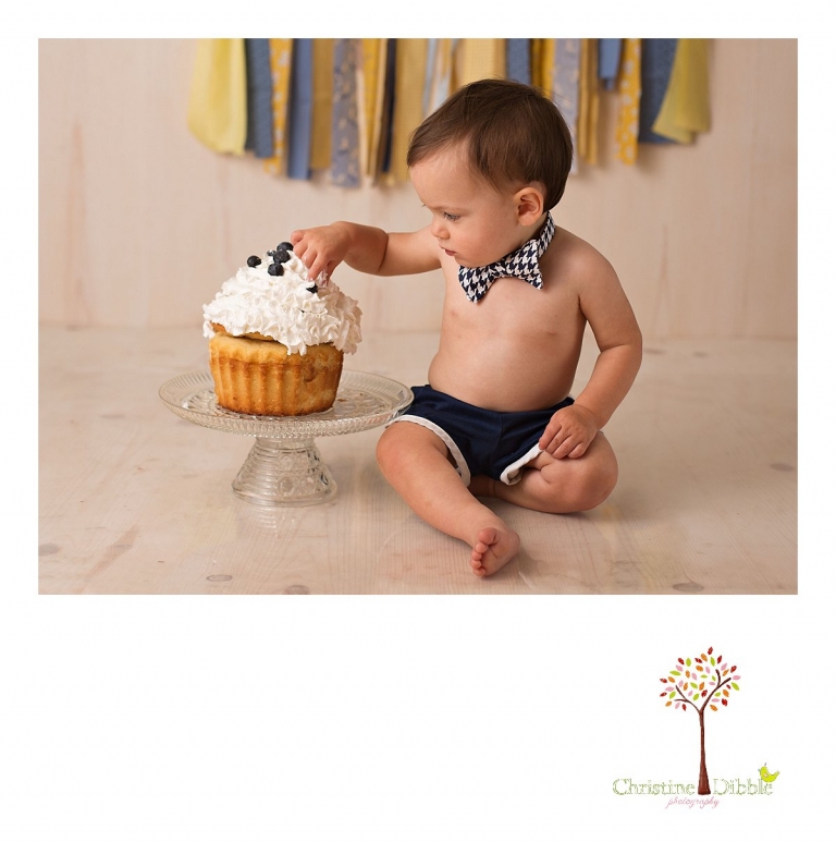 Sonora newborn and baby photographer Christine Dibble Photography takes photos of a baby boy as he smashes a cake for his first birthday with blues and yellows, fruit, and vintage crates and wash tubs.