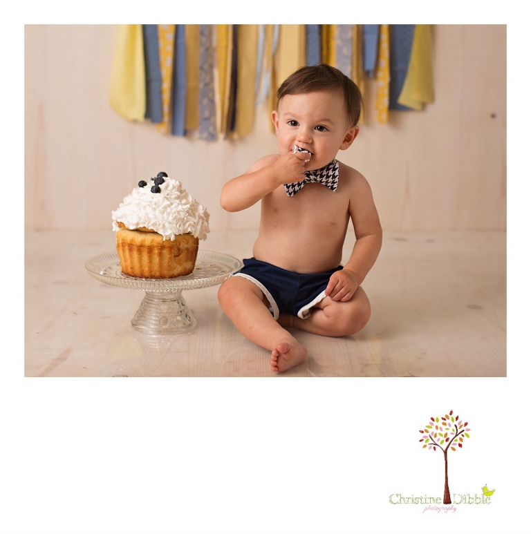 Sonora newborn and baby photographer Christine Dibble Photography takes photos of a baby boy as he smashes a cake for his first birthday with blues and yellows, fruit, and vintage crates and wash tubs.