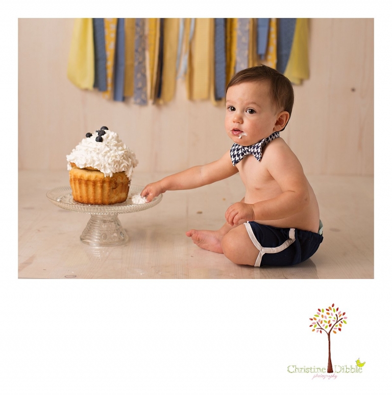 Sonora newborn and baby photographer Christine Dibble Photography takes photos of a baby boy as he smashes a cake for his first birthday with blues and yellows, fruit, and vintage crates and wash tubs.