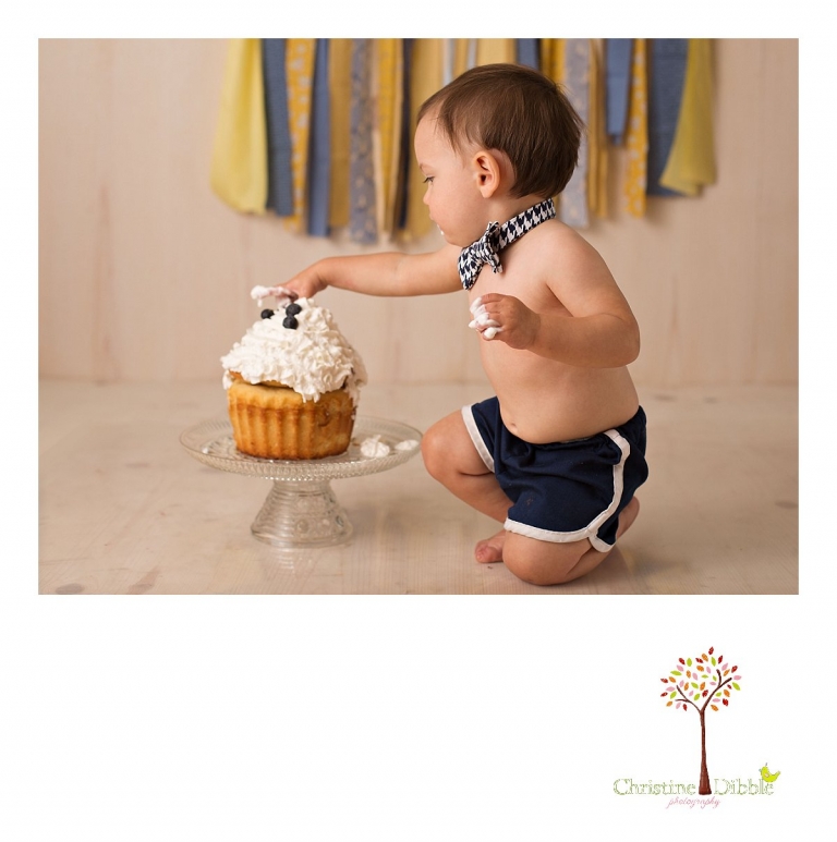 Sonora newborn and baby photographer Christine Dibble Photography takes photos of a baby boy as he smashes a cake for his first birthday with blues and yellows, fruit, and vintage crates and wash tubs.