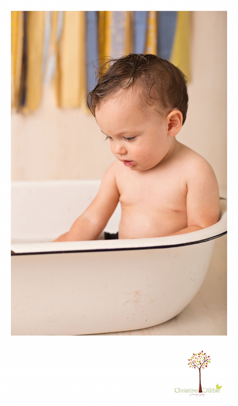 Sonora newborn and baby photographer Christine Dibble Photography takes photos of a baby boy as he smashes a cake for his first birthday with blues and yellows, fruit, and vintage crates and wash tubs.