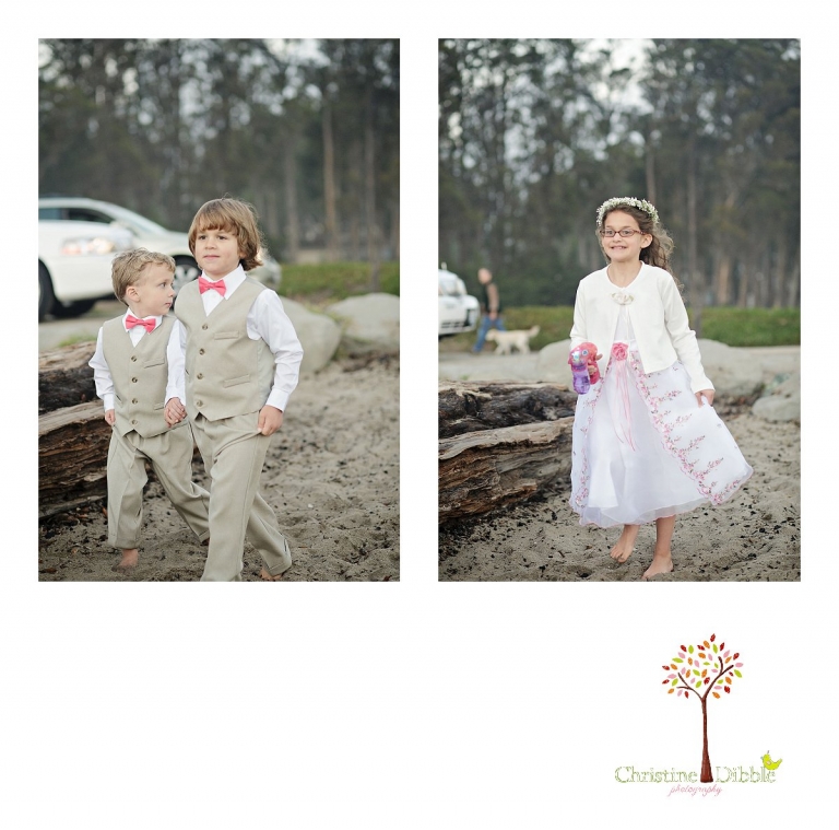 Sonora wedding photographer Christine Dibble Photography  photographs the ring bearers and flower girl walking down the sandy aisle at a sunset beach wedding at Moran Lake Beach in Santa Cruz.