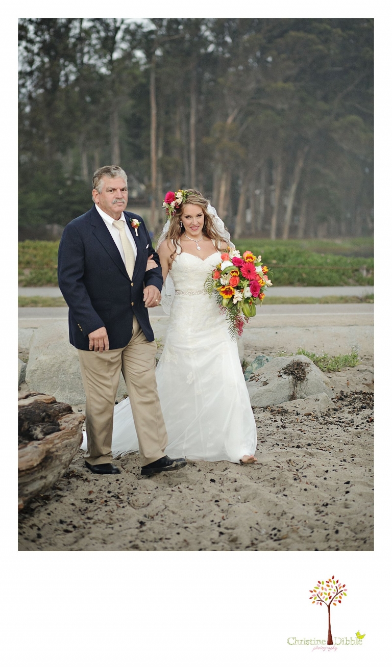 Sonora wedding photographer Christine Dibble Photography  photographs the bride and her father walking down the aisle at a sunset beach wedding at Moran Lake Beach in Santa Cruz.