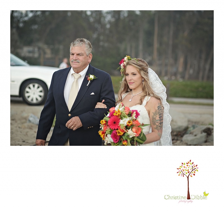 Sonora wedding photographer Christine Dibble Photography  photographs a dad walking his daughter down the aisle at a sunset beach wedding at Moran Lake Beach in Santa Cruz.