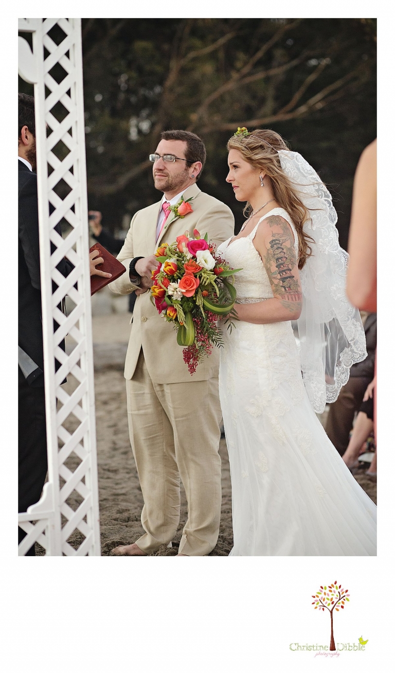 Sonora wedding photographer Christine Dibble Photography  photographs a bride and groom at a sunset beach wedding at Moran Lake Beach in Santa Cruz.