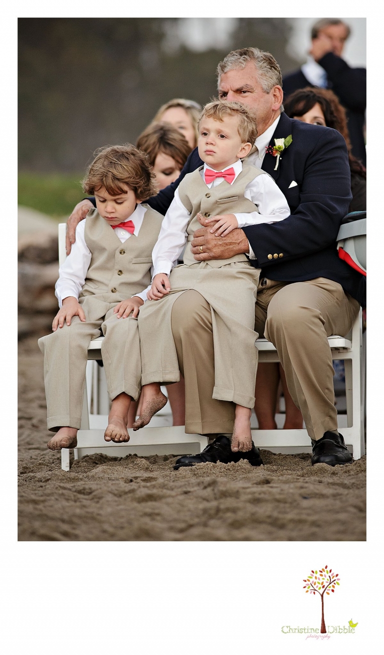 Sonora wedding photographer Christine Dibble Photography  photographs grandpa and his grandsons at  a sunset beach wedding at Moran Lake Beach in Santa Cruz.