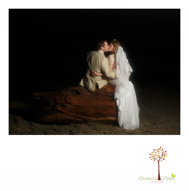 Sonora wedding photographer Christine Dibble Photography  photographs the bride and groom on a dark beach after a sunset beach wedding at Moran Lake Beach in Santa Cruz.