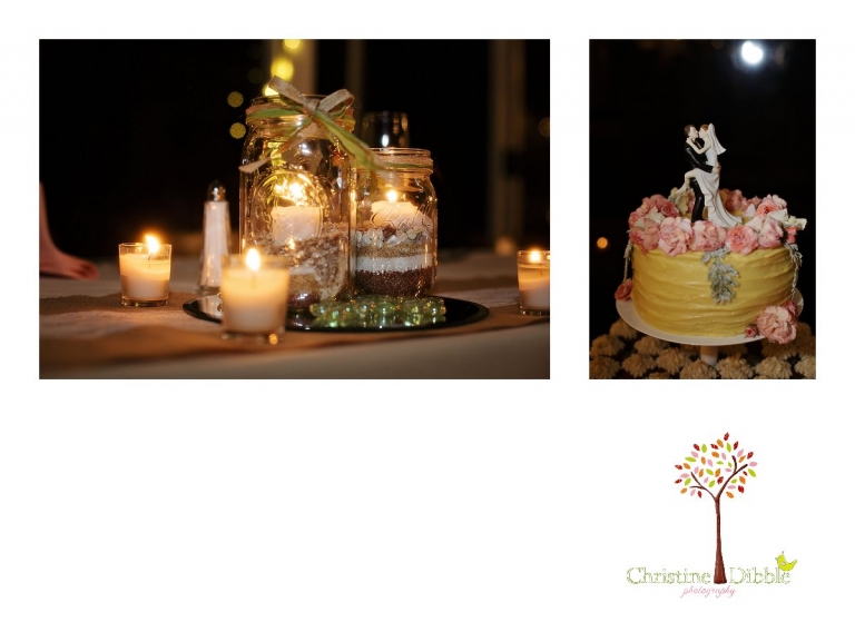Sonora wedding photographer Christine Dibble Photography  photographs the centerpieces at the reception after a sunset beach wedding at Moran Lake Beach in Santa Cruz.