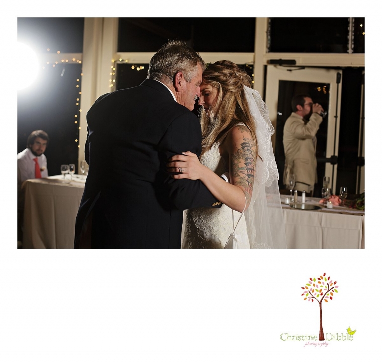 Sonora wedding photographer Christine Dibble Photography  photographs the father daughter dance after  a sunset beach wedding at Moran Lake Beach in Santa Cruz.