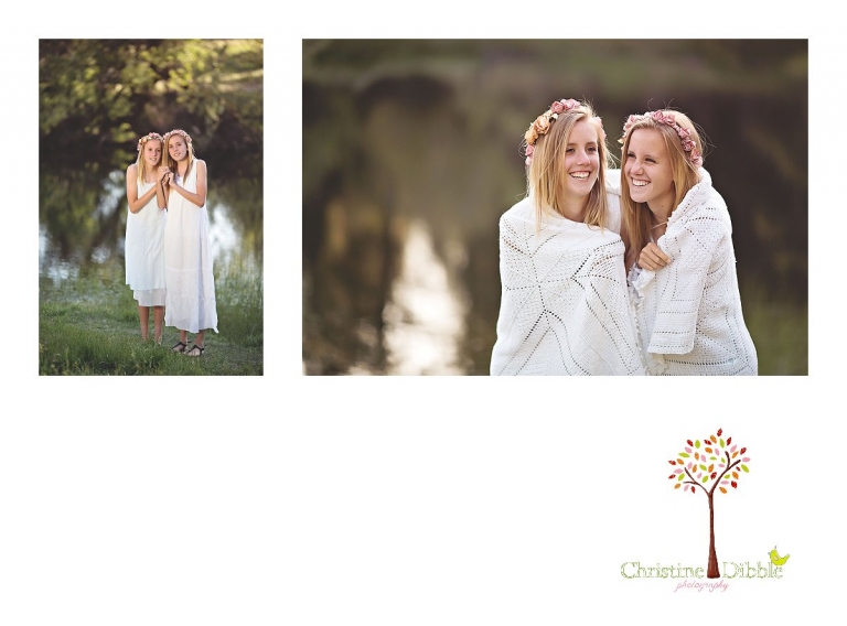 Sonora childrens photographer Christine Dibble Photography takes photos of twins and their bond while they wear simple dresses and flower wreaths in their hair near a pond in Twain Harte.