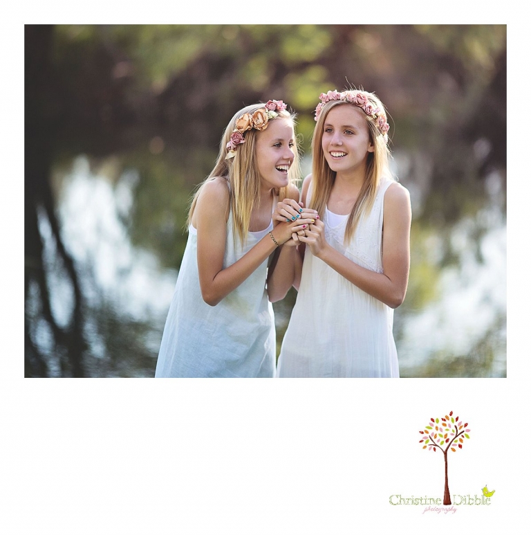 Sonora childrens photographer Christine Dibble Photography takes photos of two beautiful twin teen girls in flower head wreaths by Hopefully Romantic.