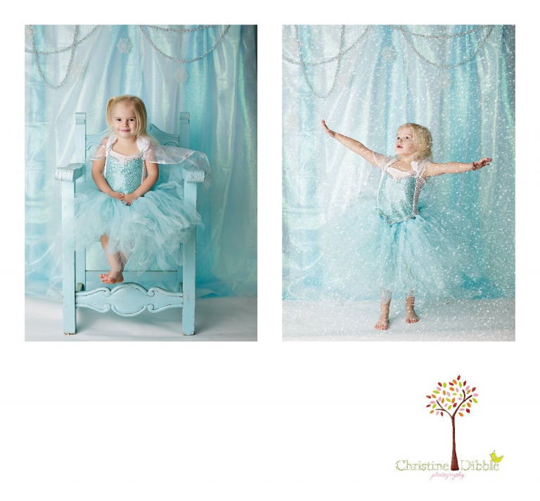 Sonora childrens photographer Christine Dibble Photography takes photos of a little girl dressed as Elsa from Frozen in front of a blue backdrop with snowflakes.