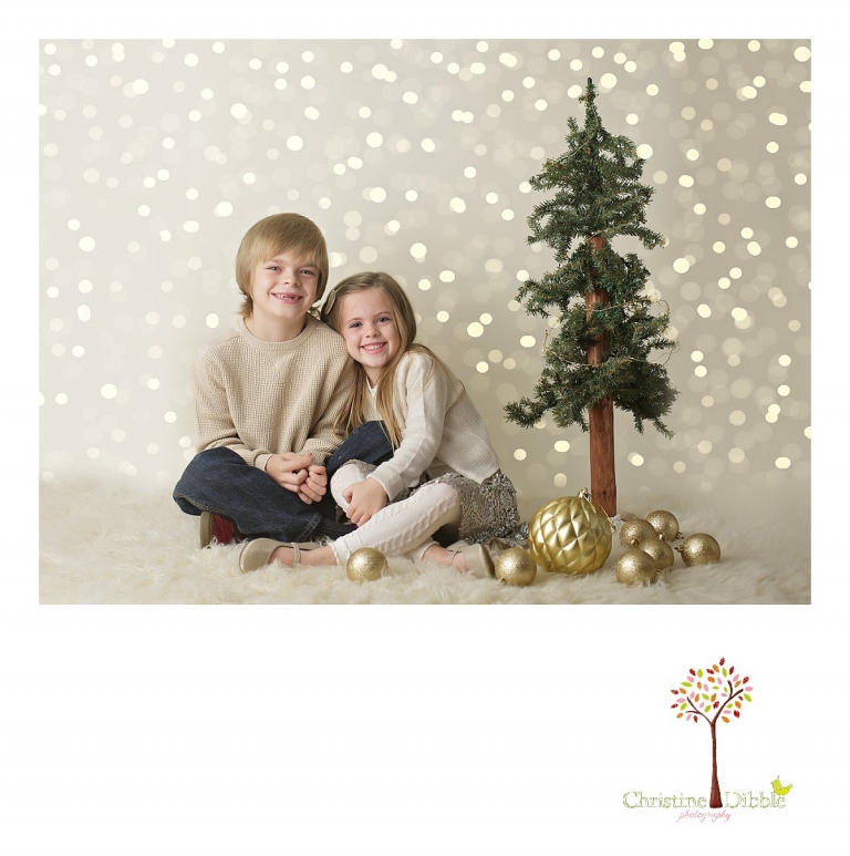 Sonora childrens photographer Christine Dibble Photography takes photos of a brother and sister near a Christmas tree in front of bokeh lights.