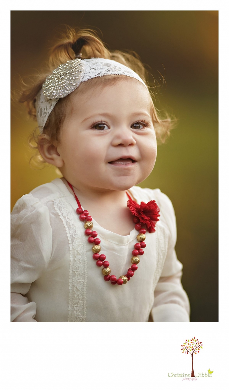 A head shot is taken of a baby girl during a Sonora family photography session photographed by Christine Dibble Photography at Indigeny Reserve in the fall among the apple orchards.
