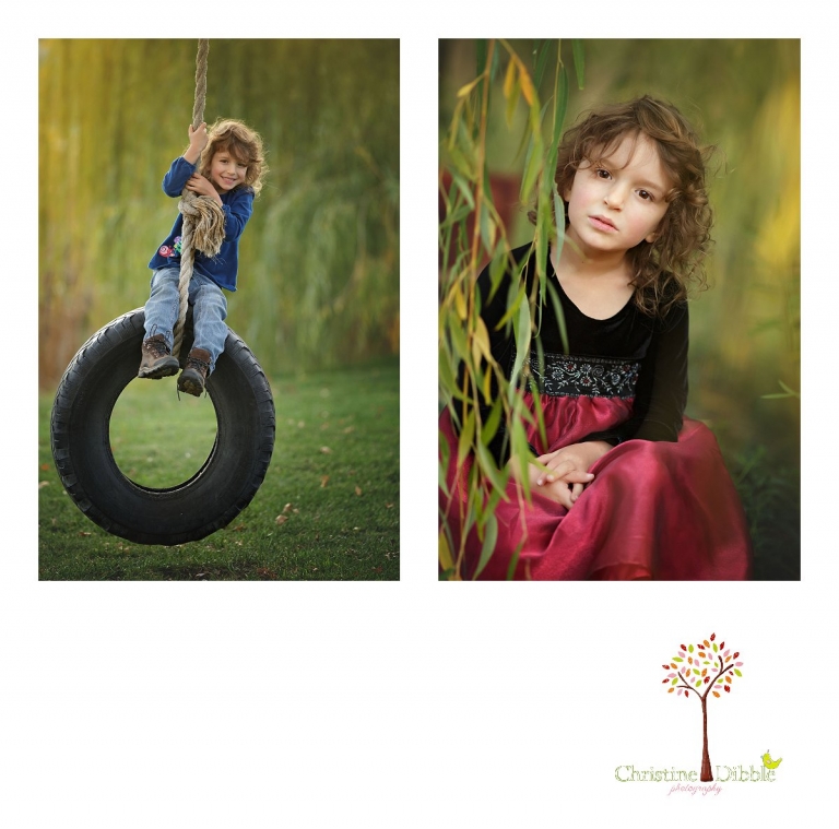 Sonora childrens photographer Christine Dibble Photography takes photos of a little girl in tomboy mode on a tire swing and princess mode in a fancy dress among willow branches.