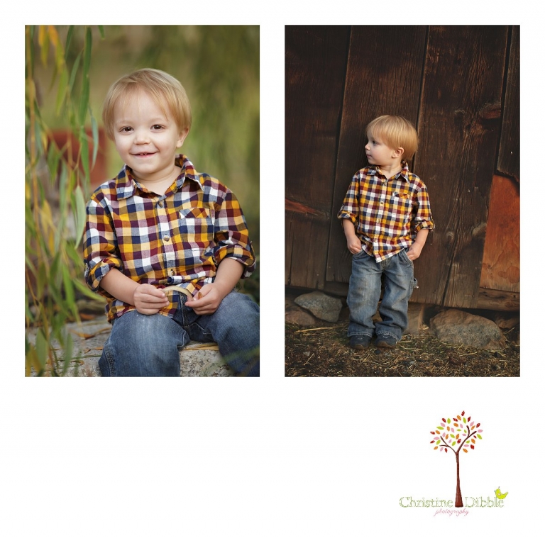 Sonora childrens photographer Christine Dibble Photography takes photos of a little boy as he smiles for a head shot and then poses like a young Calvin Klein model in front of a barn.