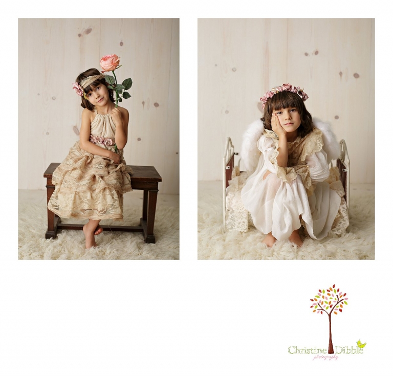 Sonora childrens photographer Christine Dibble Photography takes photos of a little girl modeling a hand crafted dress by Hopefully Romantic and an antique flower girl dress and angel wings while sitting on an antique trunk.