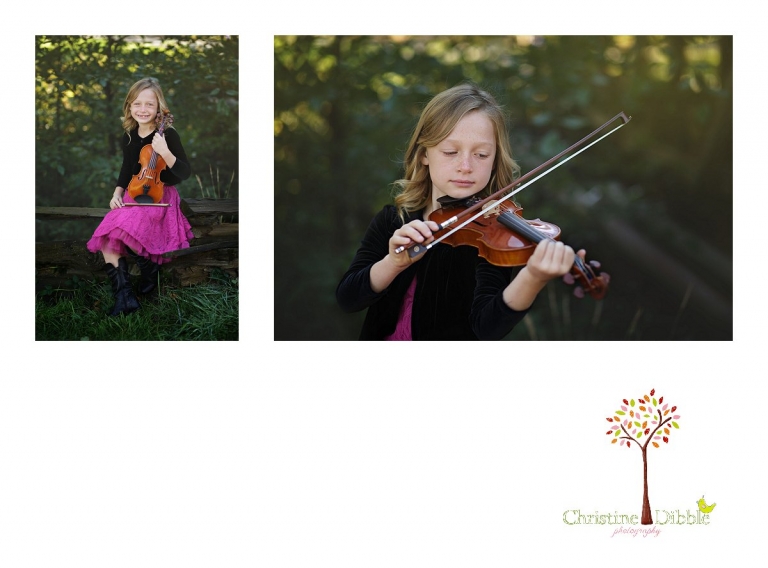 Sonora childrens photographer Christine Dibble Photography takes photos photos of a girl playing her violin in front of the covered bridge at Indigeny Reserve.