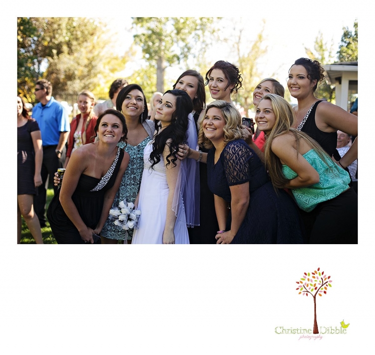 Christine Dibble Photography, Sonora and Reno wedding photographer, photographs the typical social media photograph of the bride and her bridesmaids and friends at the reception.