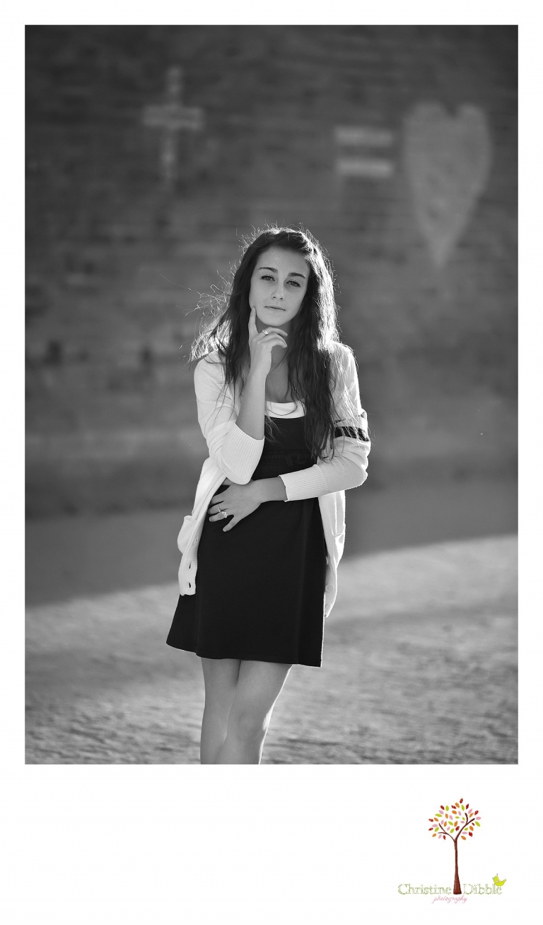 Sonora and Summerville senior portrait photographer Christine Dibble Photography takes outdoor photos of a senior girl during golden hour in front of the mill ruins and brick wall Knights Ferry.