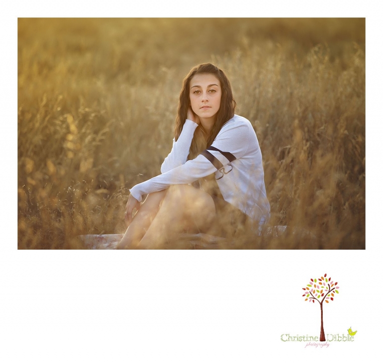 Sonora and Summerville senior portrait photographer Christine Dibble Photography takes outdoor photos of a senior girl during golden hour in a grass field at Knights Ferry.