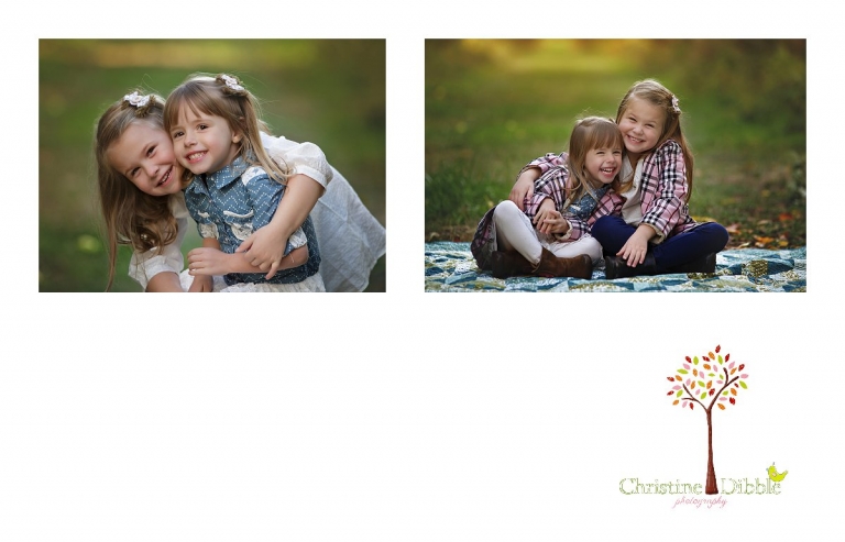 Sonora childrens photographer Christine Dibble Photography takes photos of two sisters laughing for the camera among the apple orchards at Indigeny Reserve.