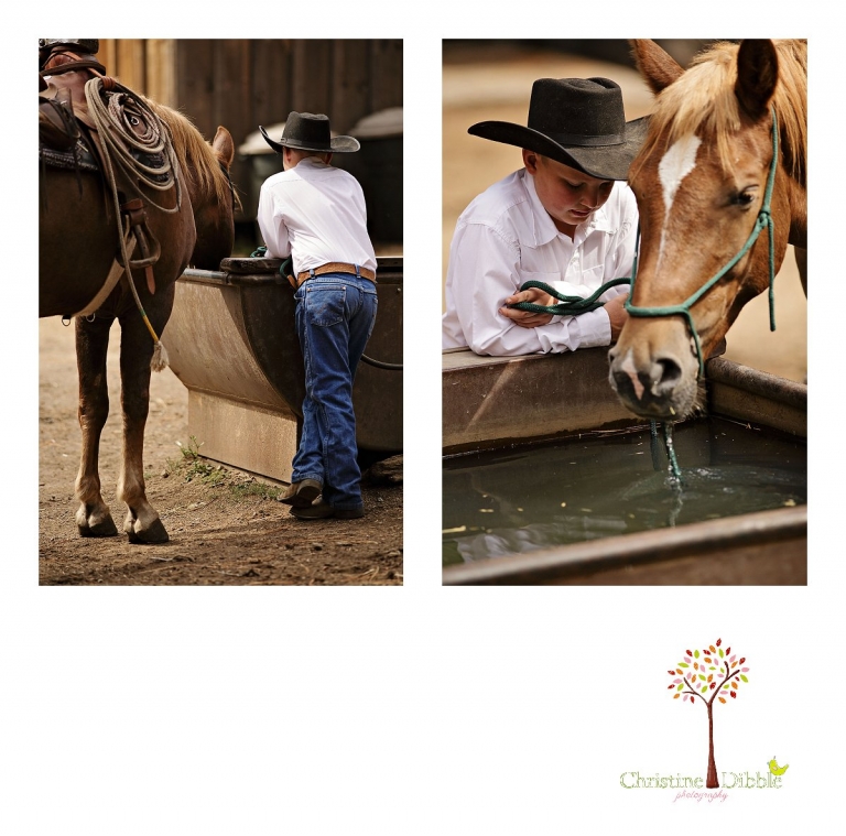 A young cowboy lets his horse drink from the Aspen Meadows trough while Christine Dibble Photography takes photos.