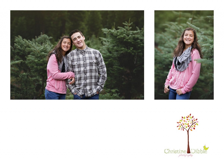 Sonora childrens photographer Christine Dibble Photography takes photos of a brother and sister among the Christmas trees at Twain Harte Tree Farm.