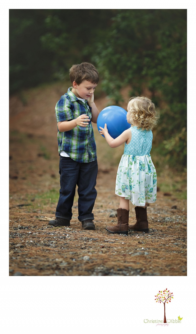 Sonora photography by Christine Dibble Photography captures photos  of a big brother and his little sister playing with a balloon during mini sessions at Empire Mine State Park in Grass Valley.