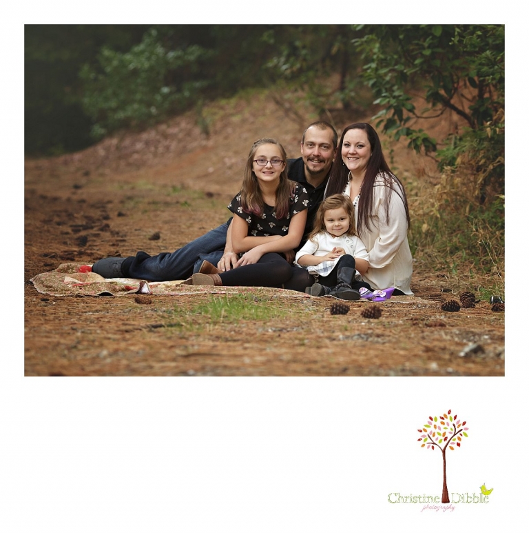 Sonora photography by Christine Dibble Photography captures photos of a family sitting on a quilt in the woods during mini sessions at Empire Mine State Park in Grass Valley.