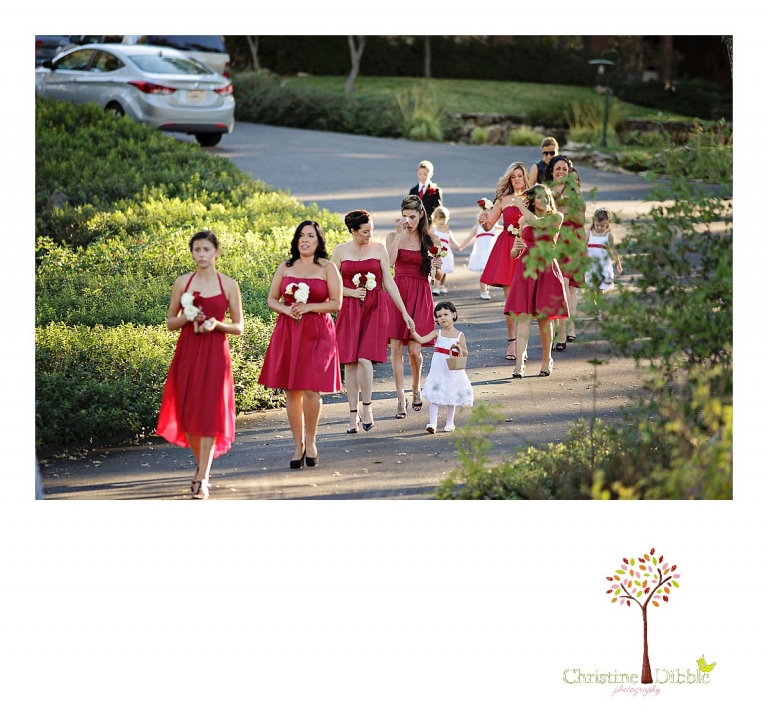 Christine Dibble Photography of Sonora photographs the tearful bridal party walking down the driveway to line up before going down the aisle at an Indigeny Reserve wedding.