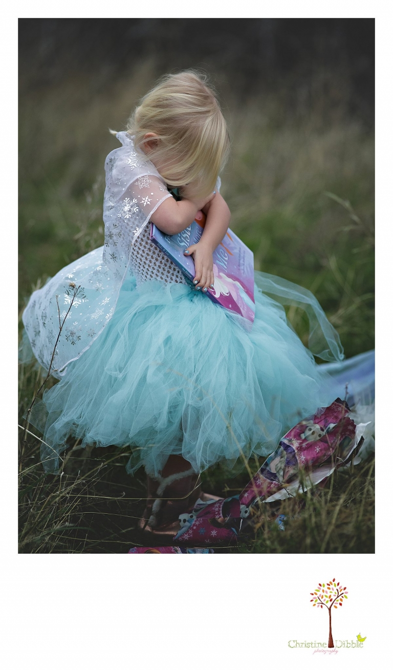 Sonora Elsa photographer Christine Dibble Photography photographs the beautiful princess Elsa and a little girl who hugs the book "A Sister More Like Me" by Barbara Jean Hicks given to her by Elsa.
