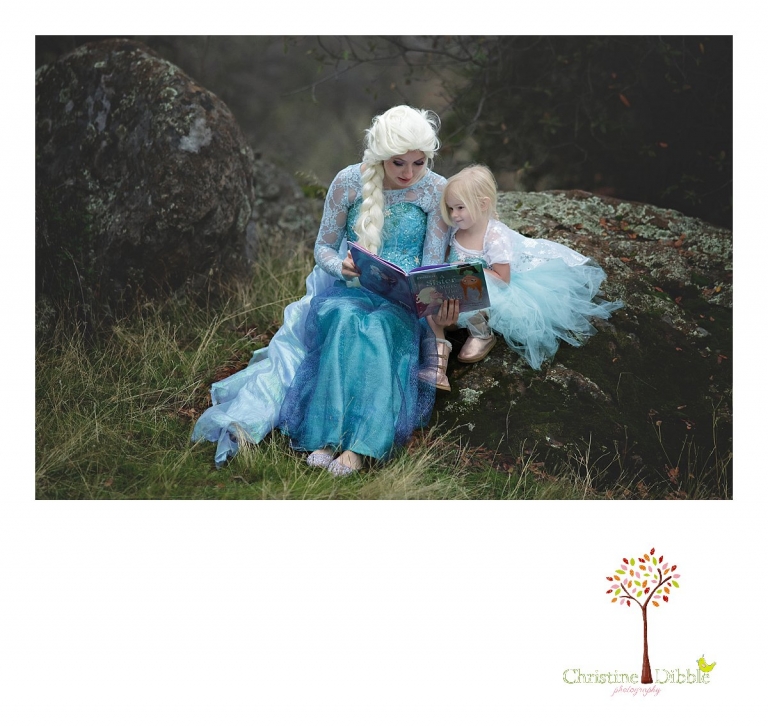 Sonora Elsa photographer Christine Dibble Photography photographs the beautiful princess Elsa of Crown and Cake in Washington reads the book "A Sister More Like Me" by Barbara Jean Hicks to a little girl dressed in an Elsa tutu.