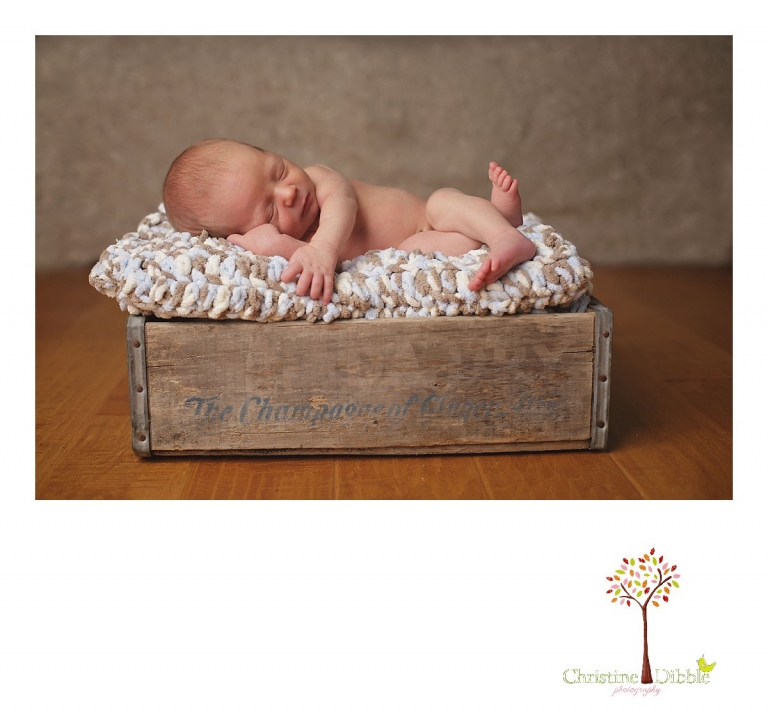 Best Sonora newborn photography by Christine Dibble Photography includes newborn portraits of a baby boy in an antique wooden box.