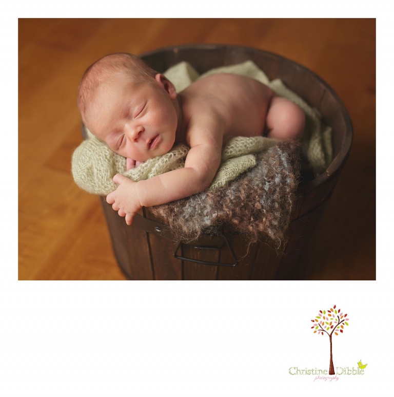 Best Sonora newborn photography by Christine Dibble Photography includes newborn portraits of a baby boy as he sleeps on soft knit layers in a bucket.