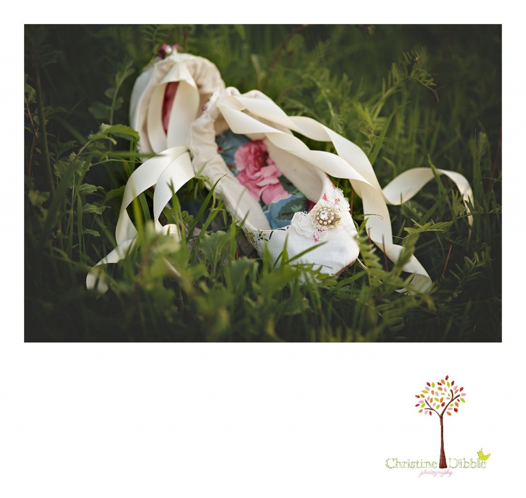 Sonora wedding photographer Christine Dibble Photography takes outdoor sunset photos of a pair of ballet style slippers or wedding shoes hand made by Hopefully Romantic near Twain Harte.