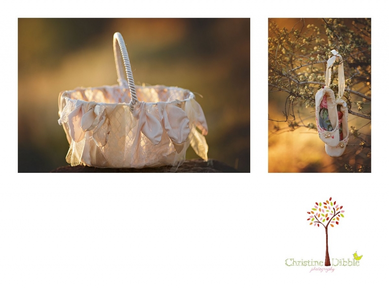 Sonora wedding photographer Christine Dibble Photography takes outdoor sunset photos of a a flower girl basket and hand made ballet shoes by Hopefully Romantic near Twain Harte.
