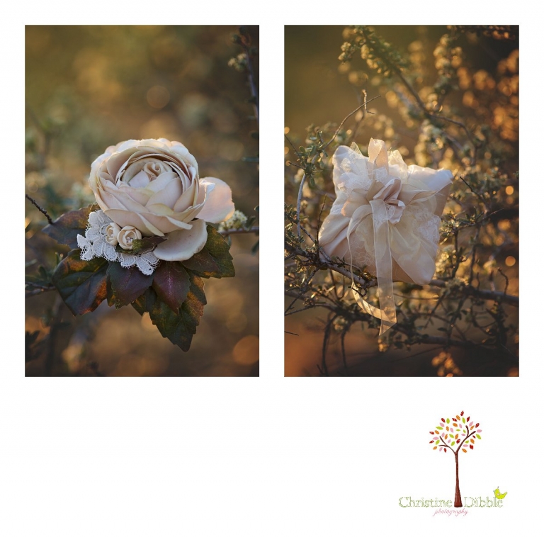Sonora wedding photographer Christine Dibble Photography takes outdoor sunset photos of a ring-bearer's pillow crafted of vintage linens and a hair flower by Hopefully Romantic near Twain Harte.