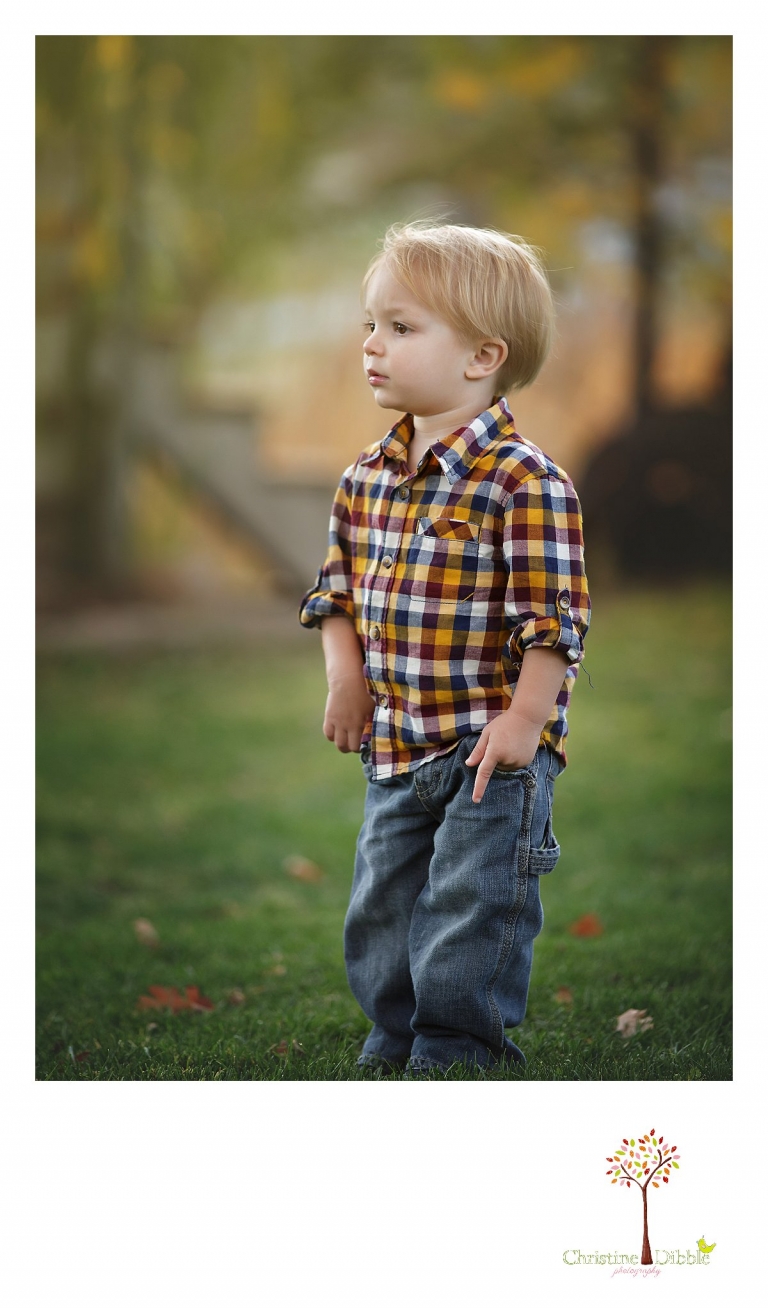 Best Sonora family photographer Christine Dibble Photography takes pictures of a young child in a plaid shirt as he poses with hands in pockets.