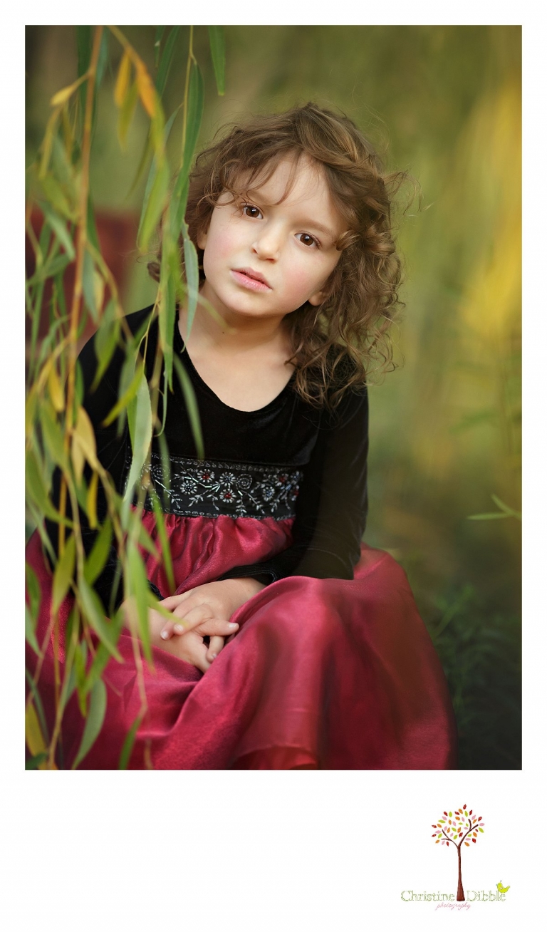 Best Sonora family photographer Christine Dibble Photography takes a photo of a young girl peeking between weeping willow branches.