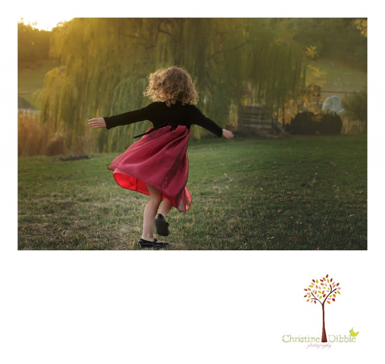 Best Sonora family photographer Christine Dibble Photography photographs a little girl spinning in the sunshine for a portrait.