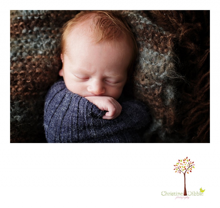 Best Sonora, CA newborn photographer Christine Dibble Photography takes studio photos of a baby boy as he sleeps with his hand near his mouth during his newborn photography session.